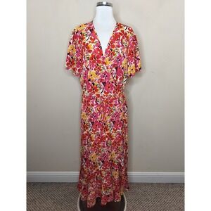 Pretty Garden Floral Maxi Wrap Dress Short Sleeve Pink